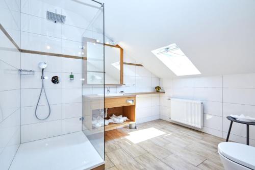 a bathroom with a shower and a toilet at Appartement Loser mit Indoorpool und Sauna in Bad Goisern