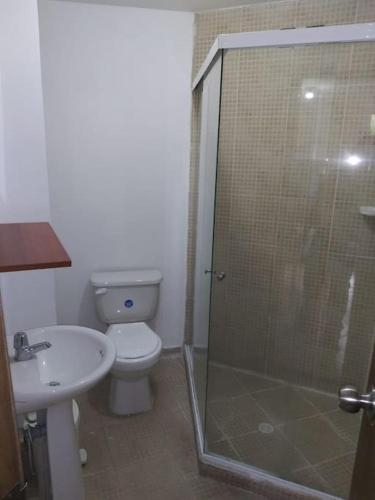 ein Bad mit einer Dusche, einem WC und einem Waschbecken in der Unterkunft MALAGA in Sabaneta