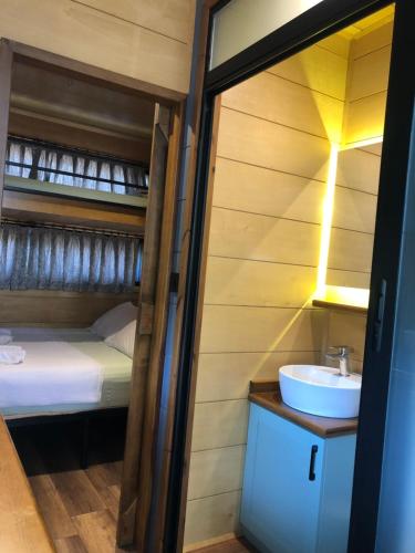 Tiny house kayaköy kumquat في كاياكوي: غرفة نوم مع سرير بطابقين ومغسلة