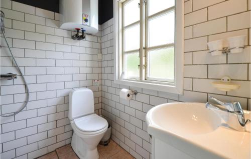 a white bathroom with a toilet and a sink at Awesome Home In Ebeltoft With 3 Bedrooms in Ebeltoft