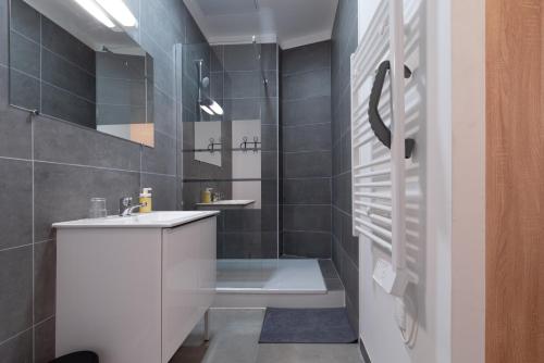 La salle de bains est pourvue d'un lavabo blanc et d'une douche. dans l'établissement Le Hall-in-one 002 - Spacieux- Tout équipé - Proche commodités et Espace Aréna, à Saint-Chamond