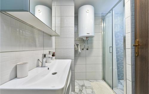 La salle de bains blanche est pourvue d'un lavabo et d'une douche. dans l'établissement Amazing Home In Sedlarica With Heated Swimming Pool, 