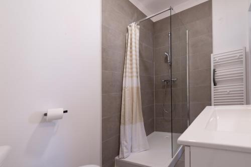 La salle de bains est pourvue d'une douche, de toilettes et d'un lavabo. dans l'établissement Le vintage 201 - Stationnement gratuit - Cosy et proche commodités, à Saint-Chamond