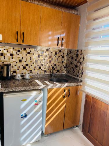 a kitchen with a sink and a white refrigerator at Stylish Hotel Old City in Istanbul