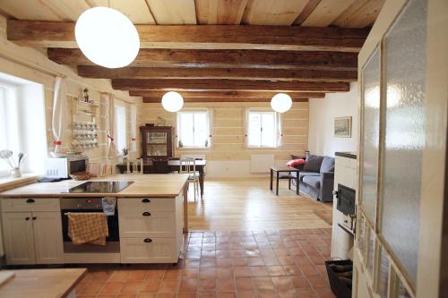 eine Küche und ein Wohnzimmer mit Holzdecken in der Unterkunft Roubenka U Andělů, Šumava in Kašperské Hory