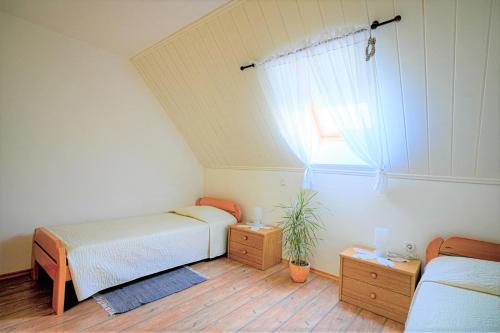 a bedroom with two beds and a window at Kmetija Podobnik in Idrija