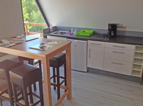 eine Küche mit einem Tisch, Stühlen und einem Waschbecken in der Unterkunft MiaVojo in Ilmenau