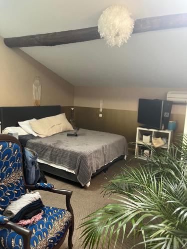 een slaapkamer met een bed, een stoel en een kroonluchter bij Maison de ville in Toulouse