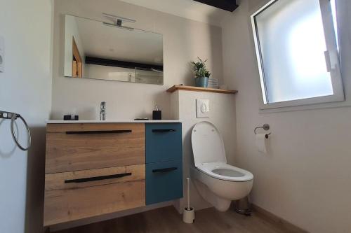 a bathroom with a toilet and a sink and a mirror at Gîte Sweetloire in La Menitré