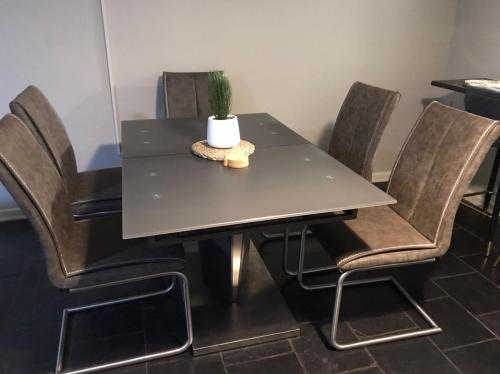 a table and chairs with a potted plant on it at Lancy Apartments in Gaborone