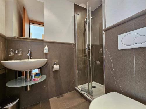 La salle de bains est pourvue d'un lavabo et d'une douche. dans l'établissement Aramis Lodge, à Saas-Fee