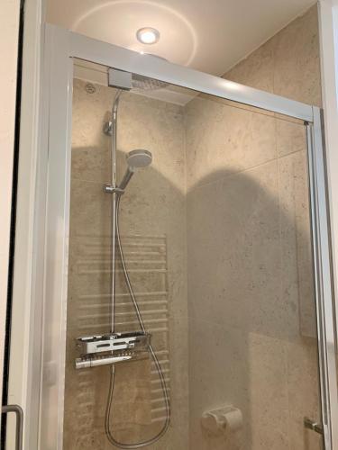 une douche avec pommeau de douche dans une salle de bain dans l'établissement Grand studio Standing avec terrasse et parking, à Sainte-Maxime