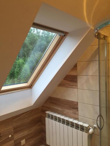 a skylight window in a bathroom with a shower at Siedlisko Kępina Zdrój in Ostrów