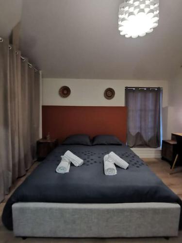 ein Schlafzimmer mit einem großen Bett mit zwei Paar Hausschuhen in der Unterkunft 4 pièces centre-ville Bourg-en-Bresse in Bourg-en-Bresse