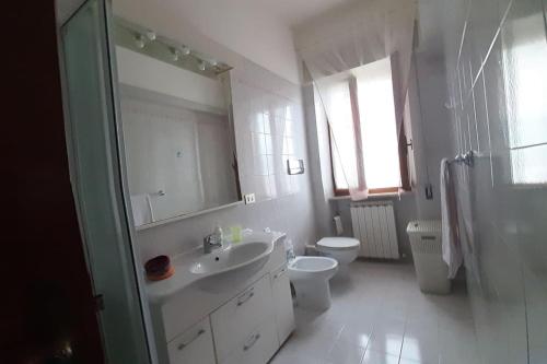 a bathroom with a sink and a toilet and a mirror at La casa di Heidi in Serra deʼ Conti