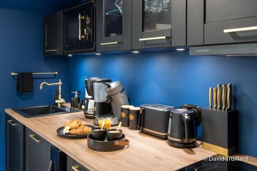 - une cuisine avec un comptoir et une cafetière dans l'établissement Suites Mana- Studio Art Ducal avec Terrasse sur l'arrière de la Place Ducale Parking inclus, à Charleville-Mézières