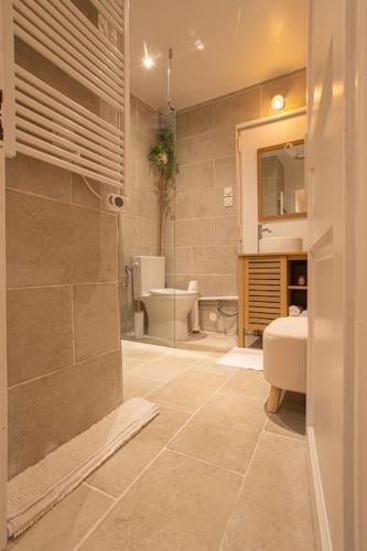 une salle de bain avec une douche, des toilettes et un lavabo dans l'établissement Unique MontmartreSacré-Cœur appartement Parking, à Paris