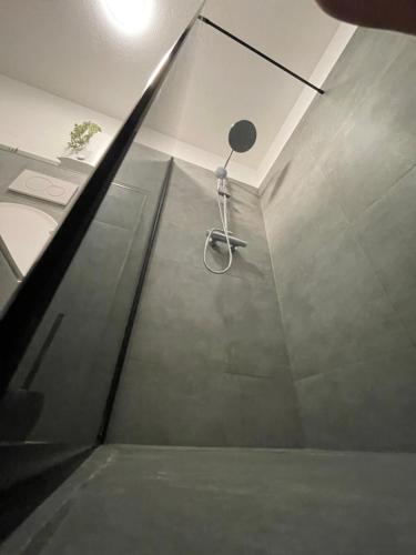 a bathroom with a shower with a sink and a toilet at Europa Apartments nähe Düsseldorf Messe, Airport in Krefeld