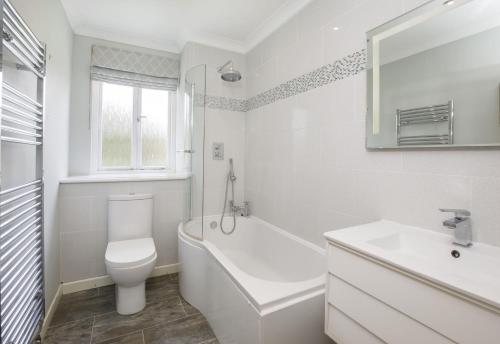 a white bathroom with a toilet and a sink at Jorvik Heights in York