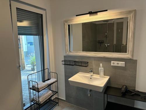 ein Bad mit einem Waschbecken und einem Spiegel in der Unterkunft Hof Busen Landhaus Ap. in Mönchengladbach