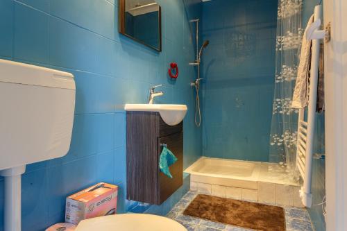 une salle de bain avec toilettes, lavabo et douche dans l'établissement La Maison Kokliko - Maison pour 4, à Saint-Leu-la-Forêt
