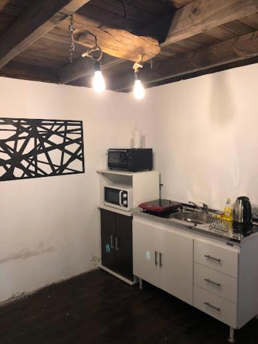 a kitchen with a sink and a microwave at Cabaña la encantadora in Salta