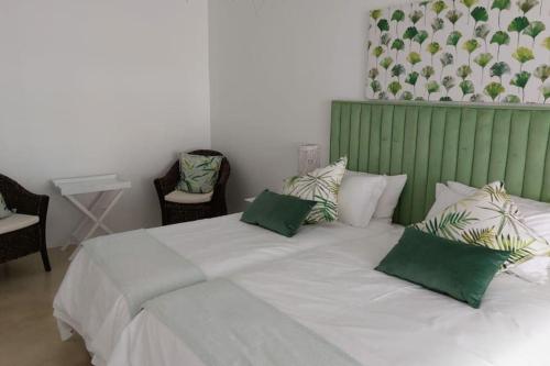 a bedroom with a large bed with green and white pillows at Tropicana Guesthouse in Ponta do Ouro