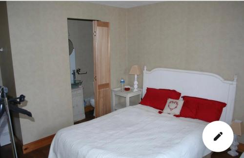 um quarto com uma cama branca e almofadas vermelhas em Moulin de morance em Écommoy