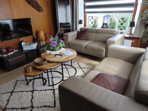 a living room with couches and a coffee table at Veluwe Park Reewold Chalet Vision in Putten