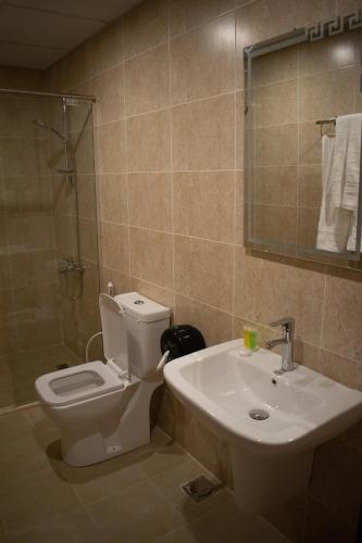 a bathroom with a toilet and a sink and a shower at Twilight Hotel Petra in Wadi Musa
