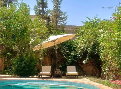 einen Pool mit 2 Stühlen und einem Sonnenschirm in der Unterkunft Villa Korima in Marrakesch