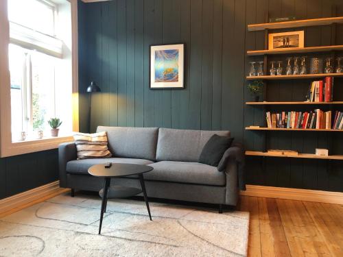 a living room with a couch and a table at Botanical garden apartments in Oslo