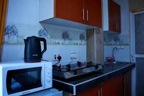 y cocina con microondas y fogones. horno superior en Sojah Apartment, en Dar es Salaam