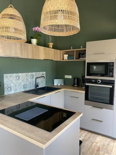 - une cuisine avec un comptoir, un four micro-ondes et un évier dans l'établissement Maison cocooning proche plages, à Soustons