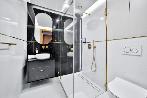 ein Badezimmer mit einem WC, einem Waschbecken und einem Spiegel in der Unterkunft Kompleks Gazdówka Apartamenty - Rabka Zdrój in Ponice