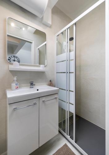 une salle de bain avec un lavabo blanc et un miroir dans l'établissement Bord de mer- Studio avec jardin, à Roquebrune-Cap-Martin