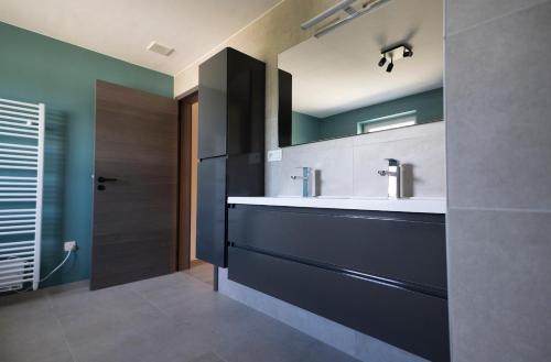 La salle de bains est pourvue d'un lavabo et d'un miroir. dans l'établissement Vakantiewoning Het Kwartelnest Mettekoven (Heers), à Heers