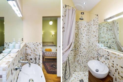 twee foto's van een badkamer met een wastafel en een douche bij Casamati Flexyrent in Rapallo
