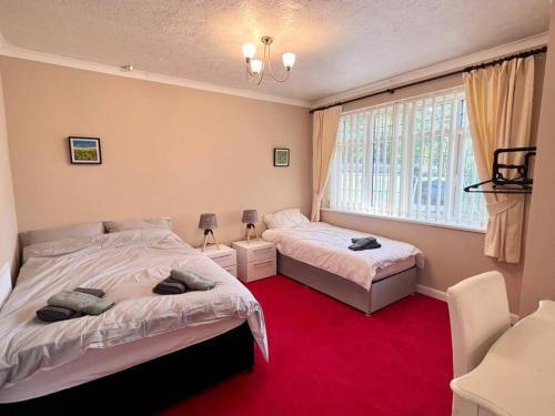 a bedroom with two beds and a red carpet at Entire Spacious Bungalow Retreat in Bromsgrove