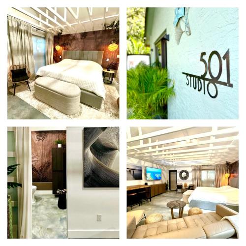 a collage of four pictures of a hotel room at Zen.Modern.Hip “Studio 501” Beach,Scuba,Downtown in West Palm Beach