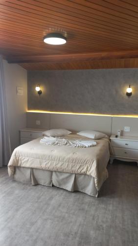 a bedroom with a large bed with a wooden ceiling at Pousada Eco Da Montanha in Passa Quatro