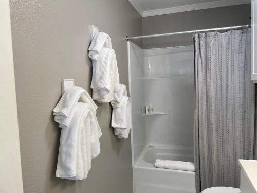 a bathroom with white towels hanging on a wall at Blanco County Inn & Guesthouses in Blanco