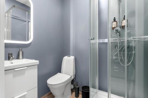 a bathroom with a toilet and a glass shower at Charming Studio in Reykajvik in Reykjavík