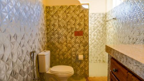 a bathroom with a white toilet and a shower at Terra Coral - Chapada dos Veadeiros in Alto Paraíso de Goiás