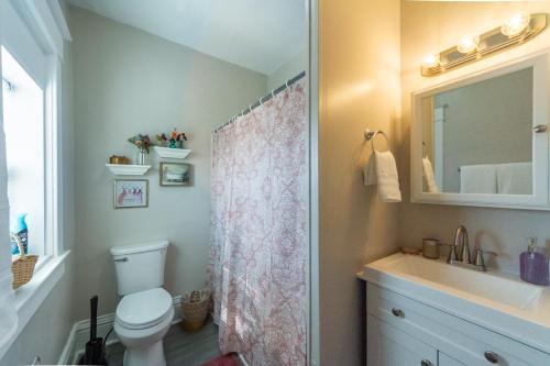 a bathroom with a toilet and a sink and a mirror at Historic 3 Bed 1 bath Near Downtown Spokane in Spokane