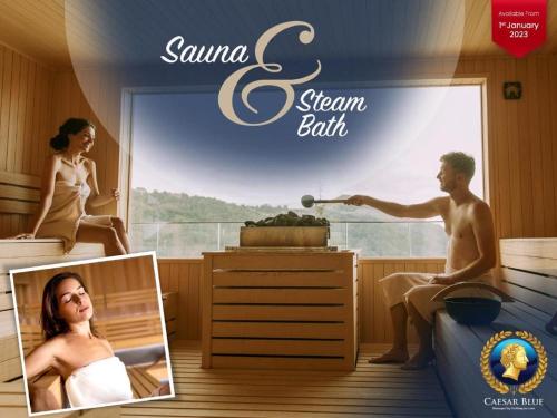 a poster for a sauna with a man and a woman sitting in a tub at Holiday Stay with Aqua Park in Isabella, Caesar Blue Resort, Lunch till 4pm, SPA, Gym and Kids Club in Kalecik