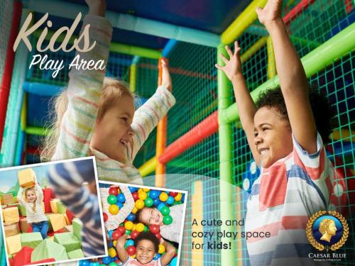 a magazine with two children playing in a play area at Holiday Stay with Aqua Park in Isabella, Caesar Blue Resort, Lunch till 4pm, SPA, Gym and Kids Club in Kalecik