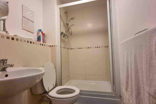 a bathroom with a toilet and a sink and a shower at Entire Home in East London E3 near Bromley By Bow Station in London