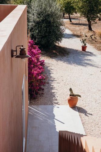 a bird sitting in a flower pot on a sidewalk at LUCCICAMARE family-run BeB in Noto