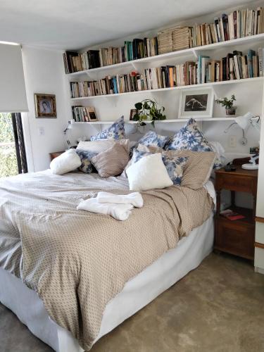 a bedroom with a large bed with bookshelves at Habitación con vista al lago in Valle de Bravo